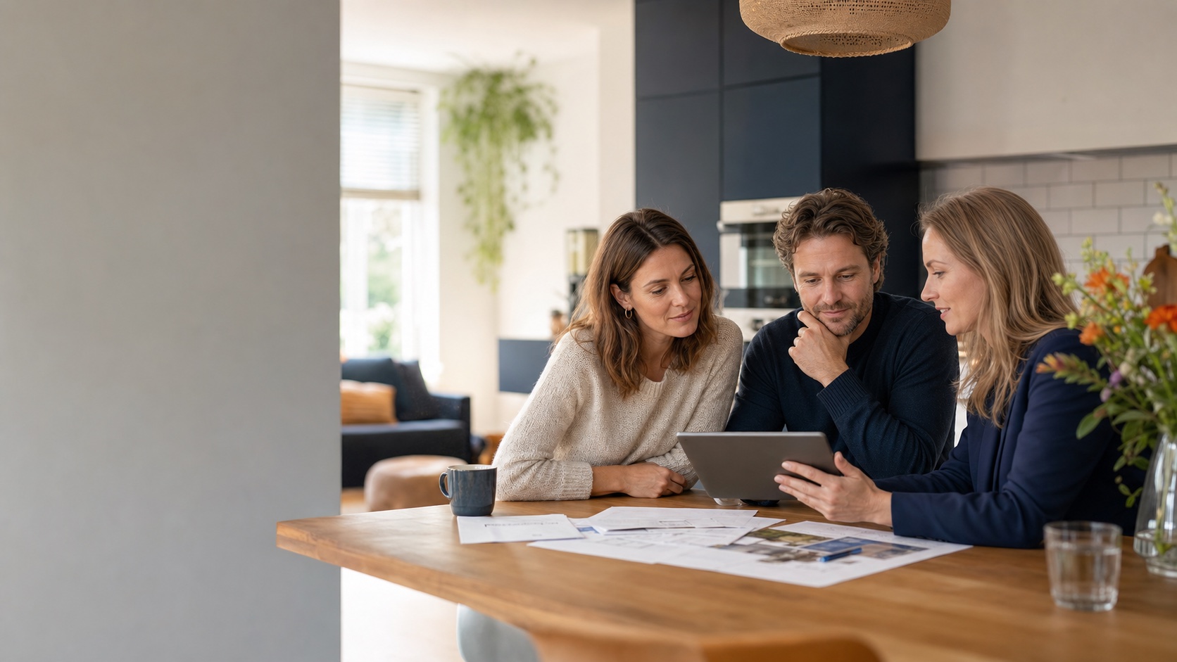 Een wooncoach bespreekt een woningplan met bewoners