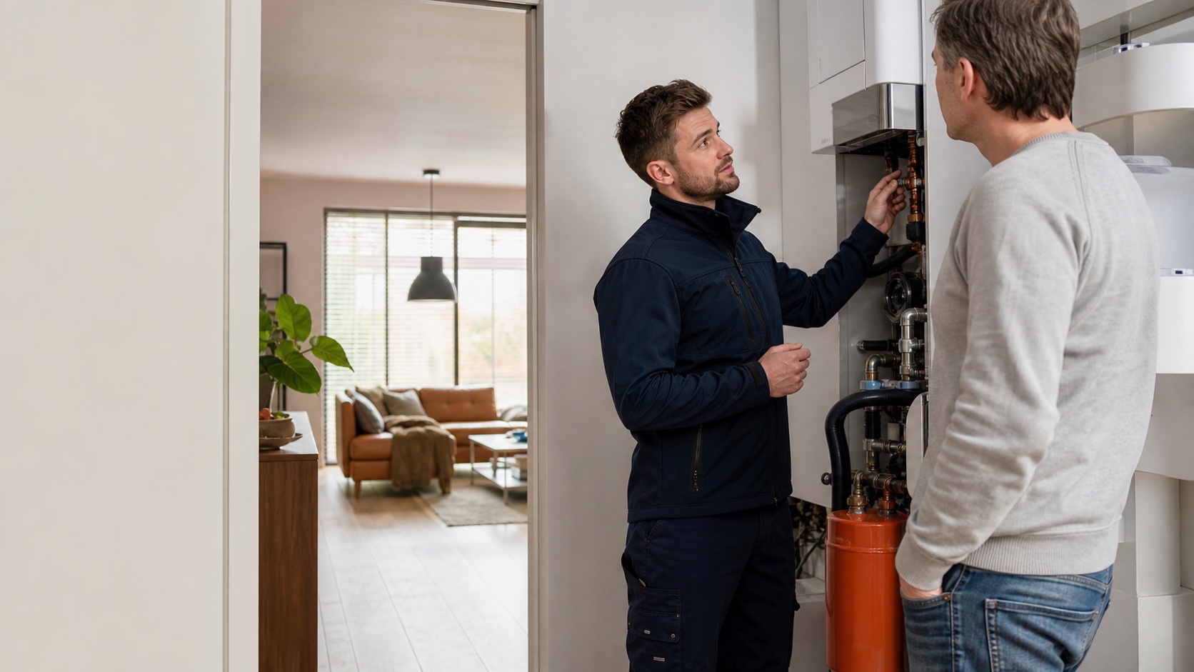 Een vakman controleert een verwarmingsinstallatie bij een bewoner